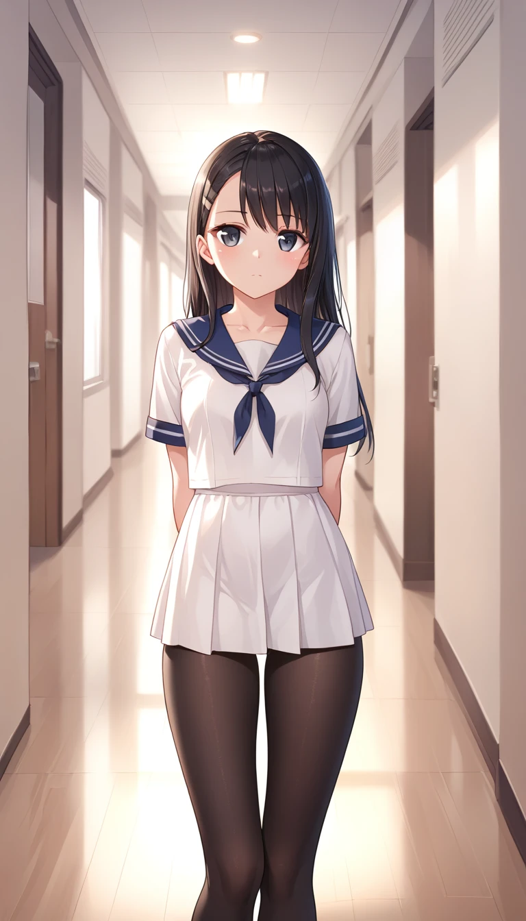 source_9, 1girl, kei shirogane, white dress, sailor collar,  portrait, school background, hallway, collarbone, black pantyhose, cowboy shot, arms behind back,