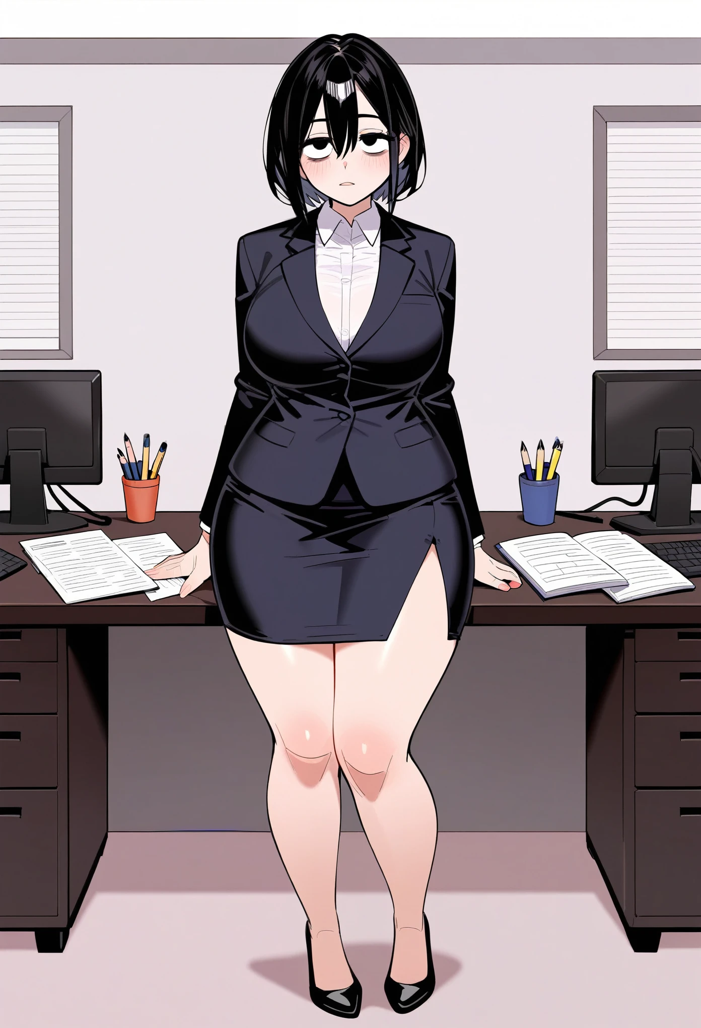 1girl, solo, female focus, exhausted, lazy, black hair, eye bags, full body, black blazer, white blouse, long pencil skirt, very long pencil skirt, black pencil skirt, professional skirt, conservative skirt, pencil skirt covers her entire thighs, secretary, thick thighs, busty, big breasts, big thighs, wide hips, standing up, small feet, wearing black high heels