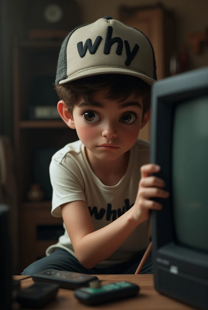 Photorealistic of a 12-year-old boy with shaved hair and cap, without wearing earrings, brown eyes and dark hair, white T-shirt, facing a house and blurred background, a place with the place illuminated --auto --s2