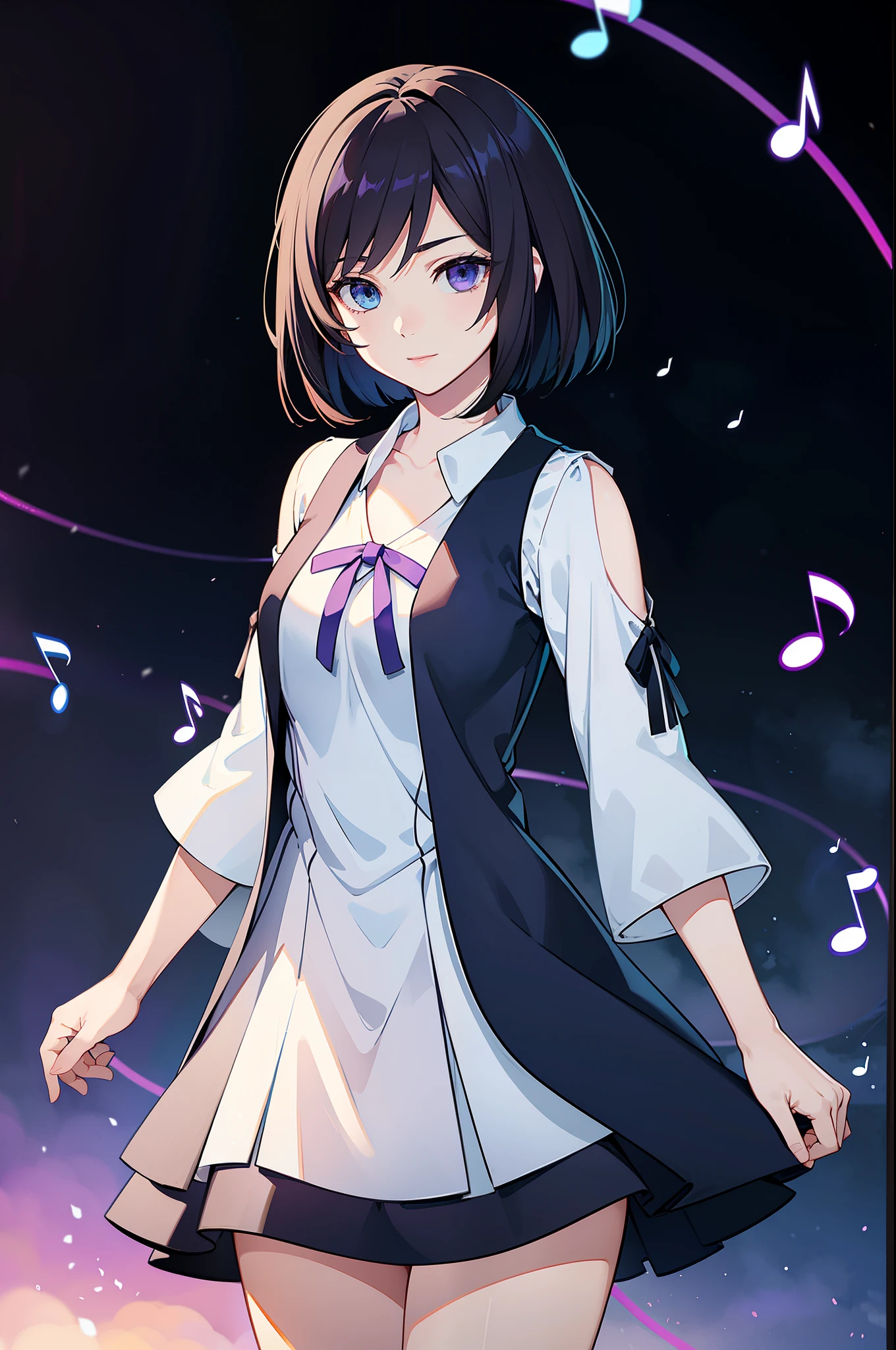 (high-quality, breathtaking),(expressive eyes, perfect face) 1female, girl , solo, teenager, asian woman hairstyle, short hair length, soft wave, black hair color, Heterochromia left eye blue and right eye purple, short white dress, black long sleeved cardigan, blue and purple background, music, gentle smile, swirls in background, music notes background, beautiful background, clothes similar to Yuri Kozukata Fatal Frame, symmetrical eyes
