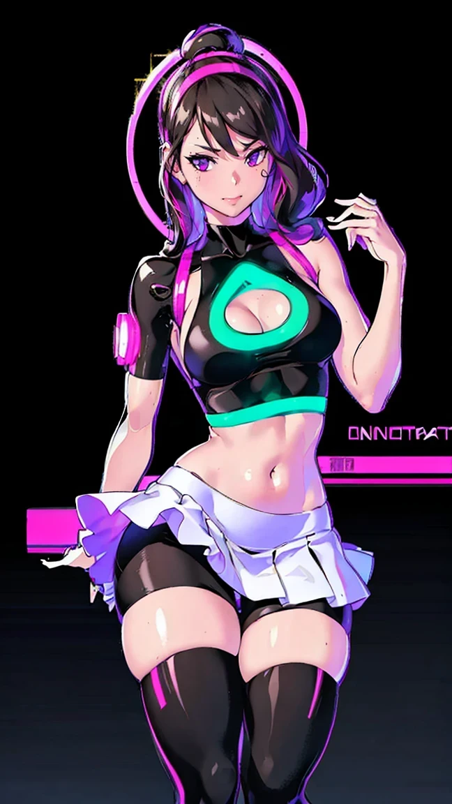 ( Very sensual, In tight clothes, Big Ass, Thick legs, White Mini Skirt Dress, stockings, Navel comes out, Long Hair, Rear speakers, Very realistic, View of the Cyberpunk City, Clearly defined lines, Neon Lights Very Sexy, 8k, 8k Very detailed), (Very delicate and beautiful), (masterpiece), (Better Quality: 1.0), (Ultra-high resolution:1.0), ((Synthwave Background Theme)), whole body