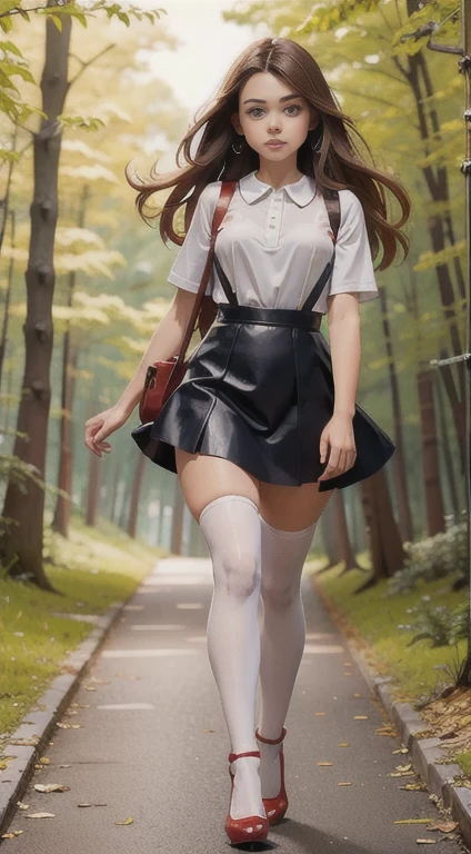 cute teen beautiful schoolgirl, beautiful cute teen face, red leather skater pinafore dress, transparent white blouse, brunet long hair, beautiful eyes. stockings, high heels shoes, schoolgirl teenager walking in the forest, photorealistic, curvy figure, грустное лицо, открытый рот.