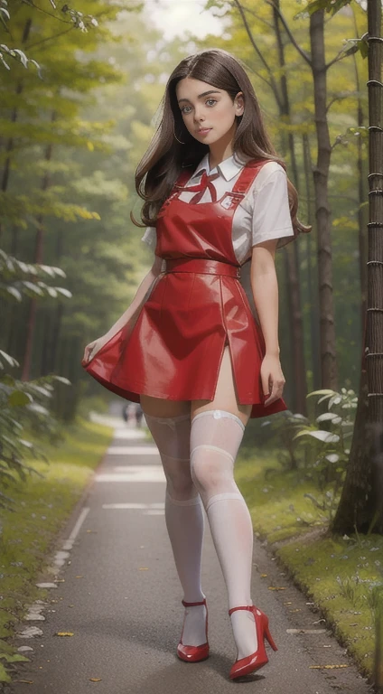 cute teen beautiful schoolgirl, beautiful cute teen face, red leather skater pinafore dress, transparent white blouse, brunet long hair, beautiful eyes. stockings, high heels shoes, schoolgirl teenager walking in the forest, photorealistic, curvy figure, грустное лицо, открытый рот.