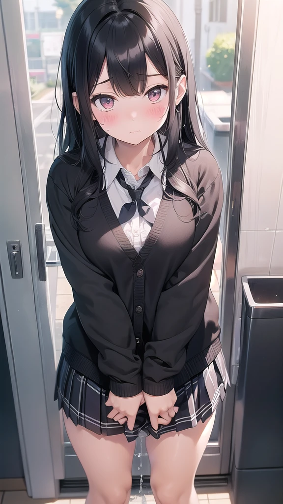 （School uniform,Black Cardigan, white shirt,Checkered skirt, Black Skirt ,）Black Hair、 long hair 、high school student、Around town、blush、Shyly、Peeing、Urge to urinate、stand、Masturbating while standing、Tons of white juice from pussy、Rub each other&#39;s knees、Put your hands between your legs、sweat