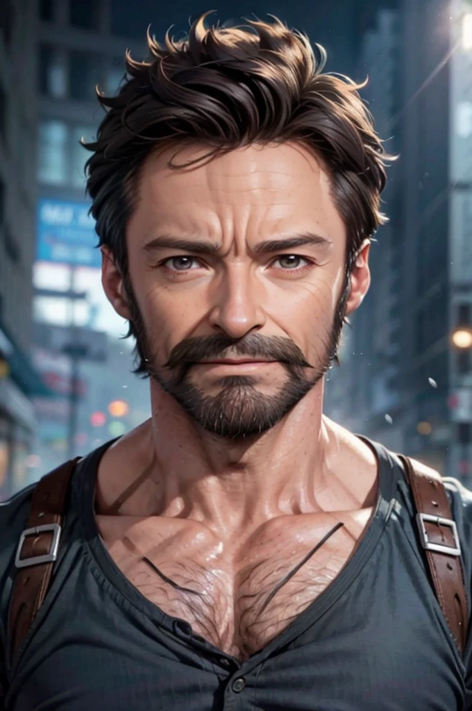 an actor "Hugh Jackman" with a mustache and beard, in the form of a wolverine , Maximum quality and detail.
