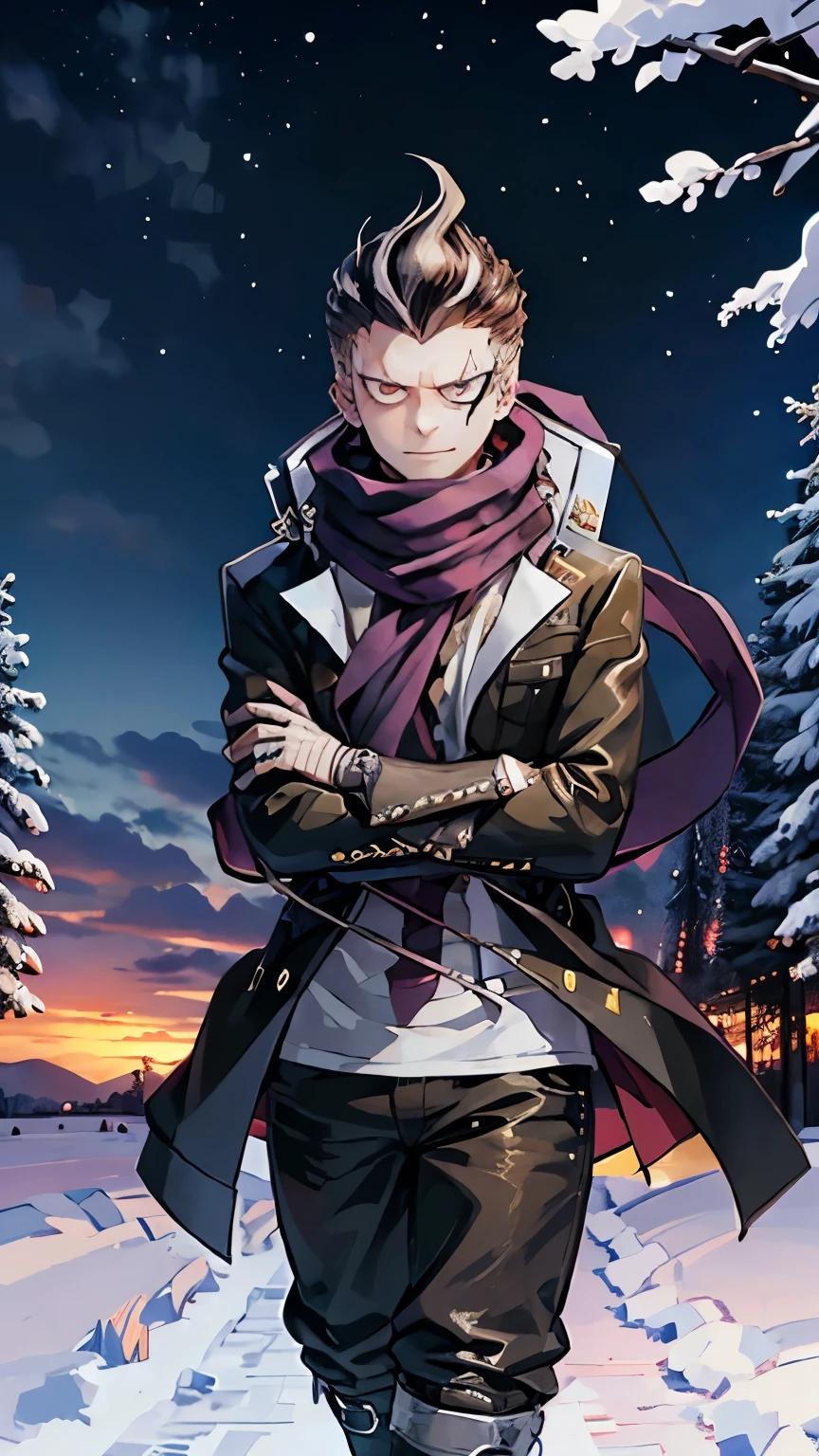 winter, landscape, snow, cold, trembling, breath, outdoors, Alone, milla maxwell, highres,  male focus、1boy、 Tanaka Gundam 、A relaxed smile、pose、 heterochromia 、 jacket、Black Pants、scarf、bandage、bandage腕、