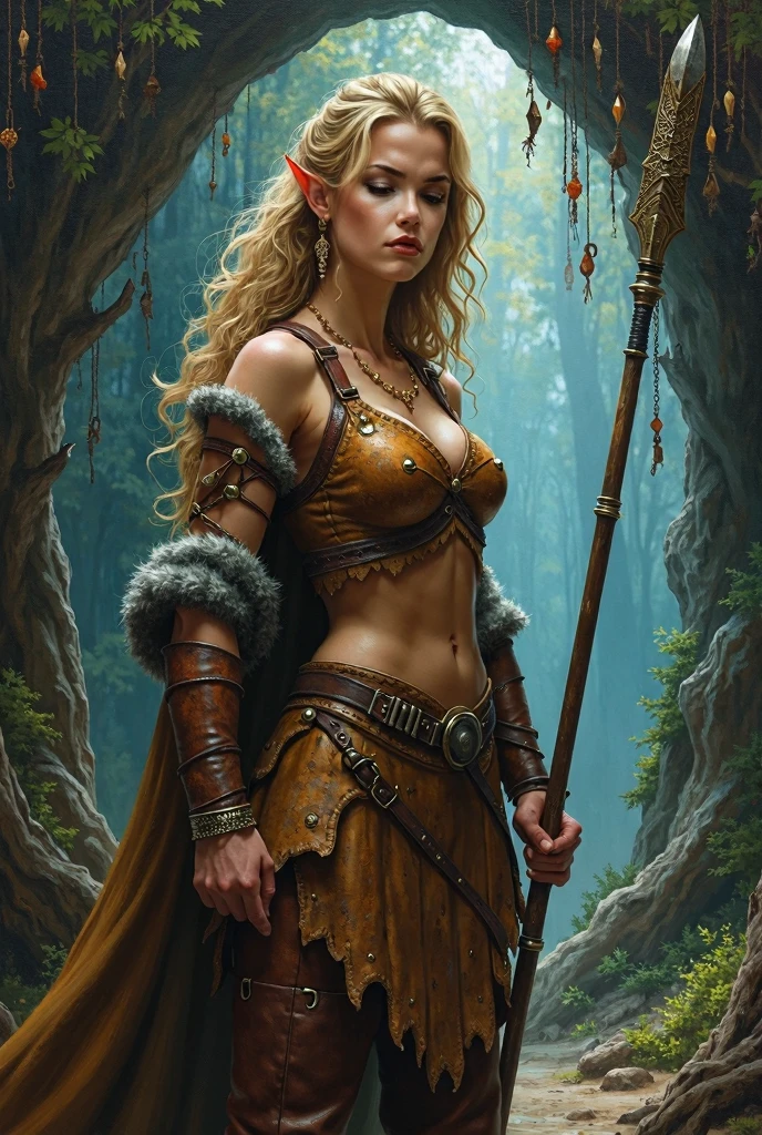 Viking female. Blonde braided faux hawk with antlers. Viking makeup. Holding two axes. Muscular build. Wearing furs & pelts. Dungeons & dragons character.