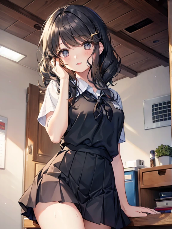 One Girl, solo,  On, (semi lomg hair:1.4),Black Hair, cute, 
smile,
sweat,  heart-shaped eyes ,  nedium breasts, 
Half-closed eyes,Curly hair , 
View Viewer, From below, concentrated, 
Particles of light, My Room,
masterpiece, Best Quality,  anatomically correct, anime ,
viewing angle, Top girl, 
Whose, School uniform(The color of the uniform is black),