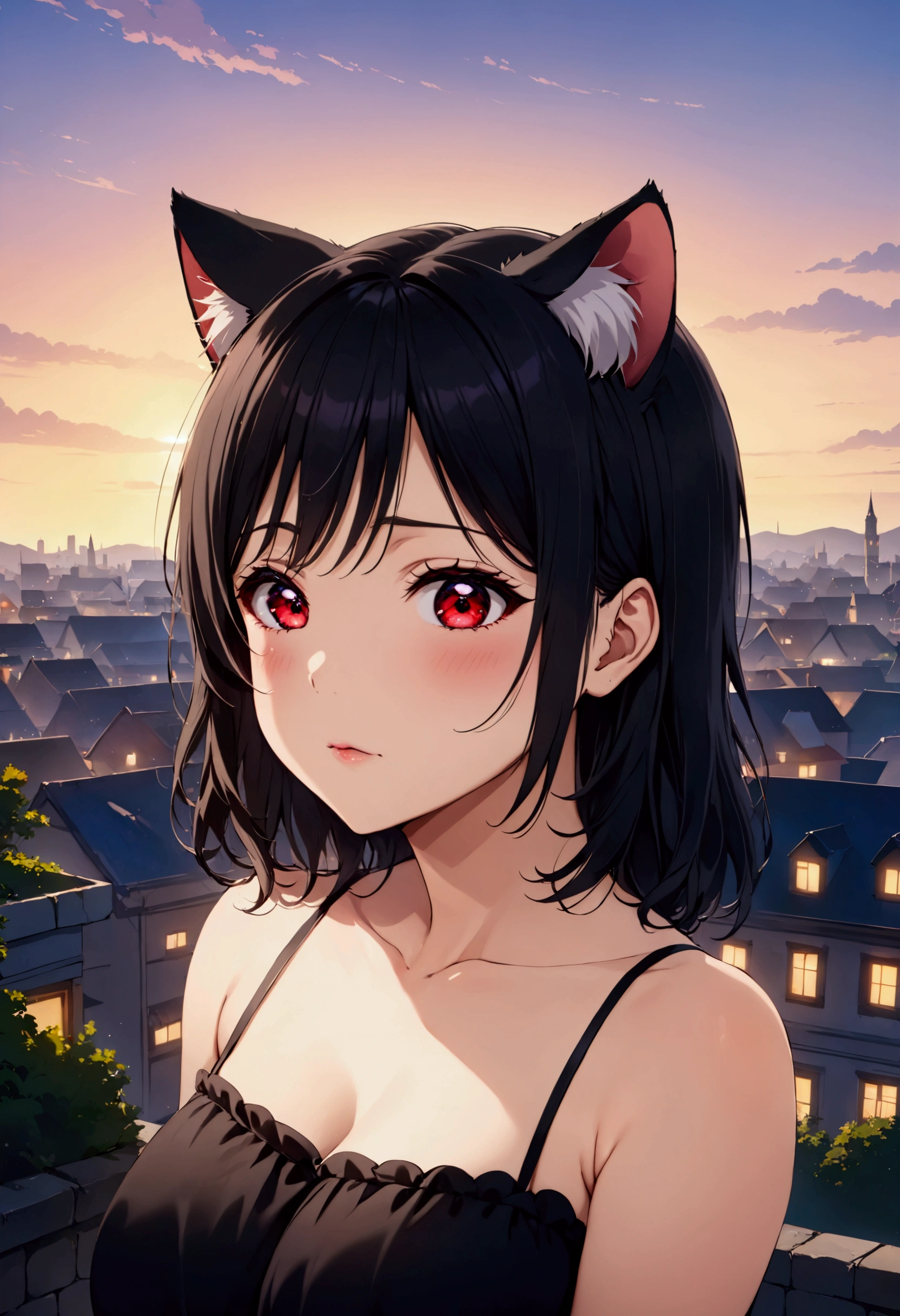  Love Live Adult junkotvvxl, black hair, cat ears, red eyes,  masterpiece ,  highest quality , Guessed , Alone,  transformed ,  Fantastic background 