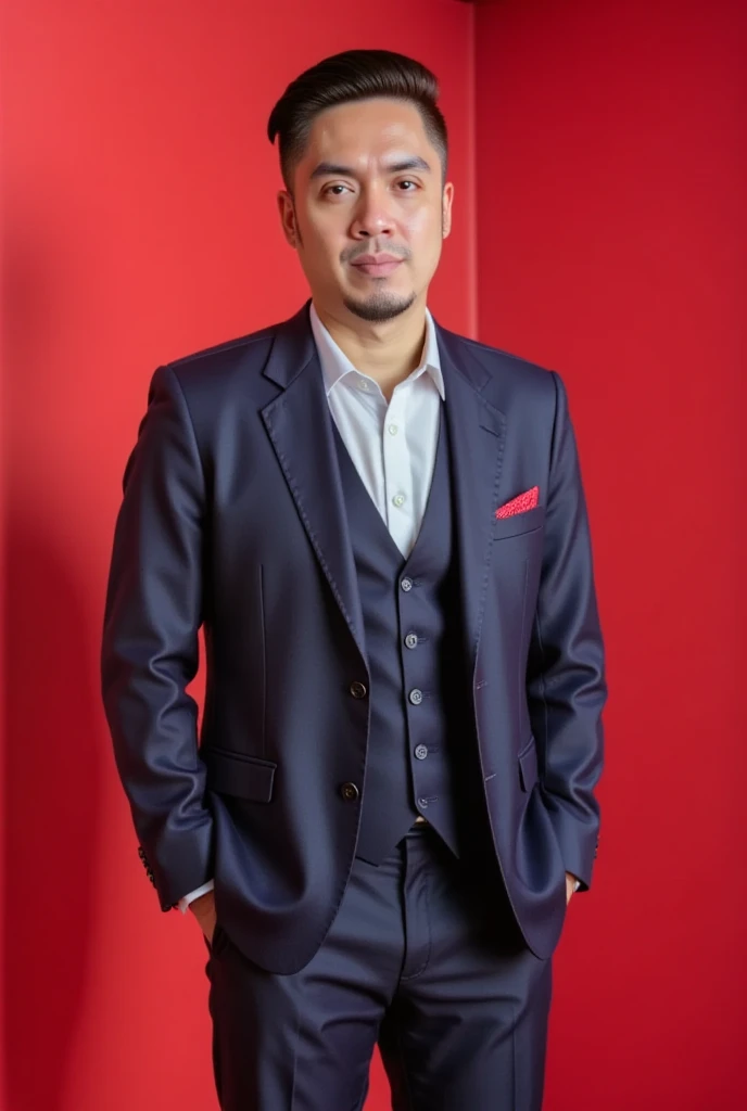 The image is a high-resolution photograph of a man named RNDY standing against a vibrant red background. He has a serious, intense expression on his face, with his hands casually resting in his pockets. His hair is styled neatly, with a slight wave, and he has a well-groomed beard. He is dressed in a sharp, dark navy blue suit that fits him well, paired with a crisp, white dress shirt. The shirt is unbuttoned at the collar, giving a slightly relaxed yet polished look. The suit jacket has a single breast pocket on the left side, and the trousers are tailored to fit snugly. The overall color palette contrasts vividly between the bright red background and the dark blue suit, creating a striking visual effect. The lighting is soft but focused, casting subtle shadows that enhance the texture of the suit and the man's features. The background is smooth and gradient, with no visible objects or distractions, ensuring that the subject remains the focal point. The image has a contemporary, professional style, likely intended for a fashion or editorial shoot.