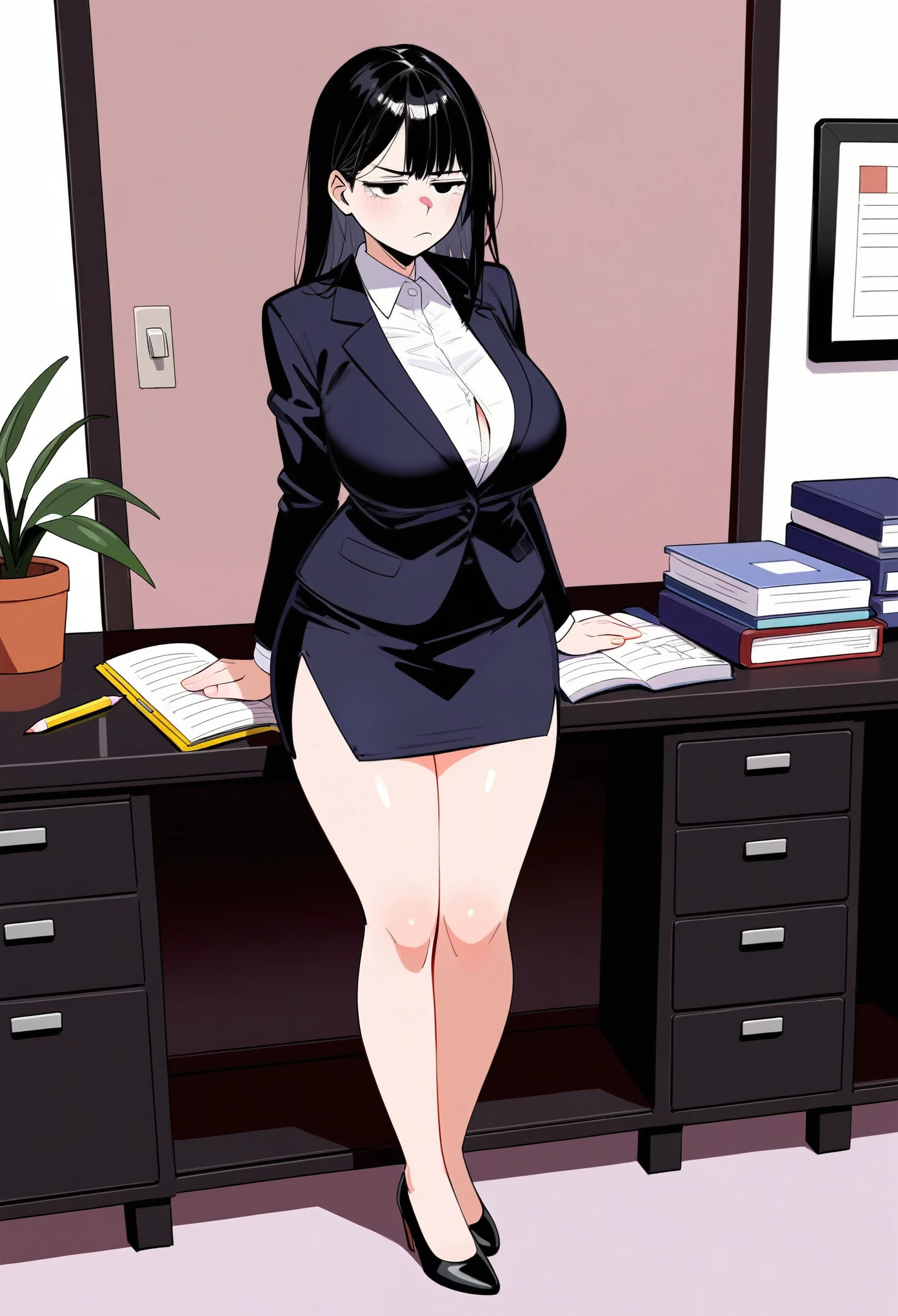 1girl, solo, female focus, unamused, exhausted, lazy, black hair, eye bags, full body, black blazer, white blouse, long pencil skirt, very long pencil skirt, black pencil skirt, professional skirt, conservative skirt, pencil skirt covers her entire thighs, secretary, thick thighs, busty, big breasts, big thighs, wide hips, standing up, small feet, wearing black high heels