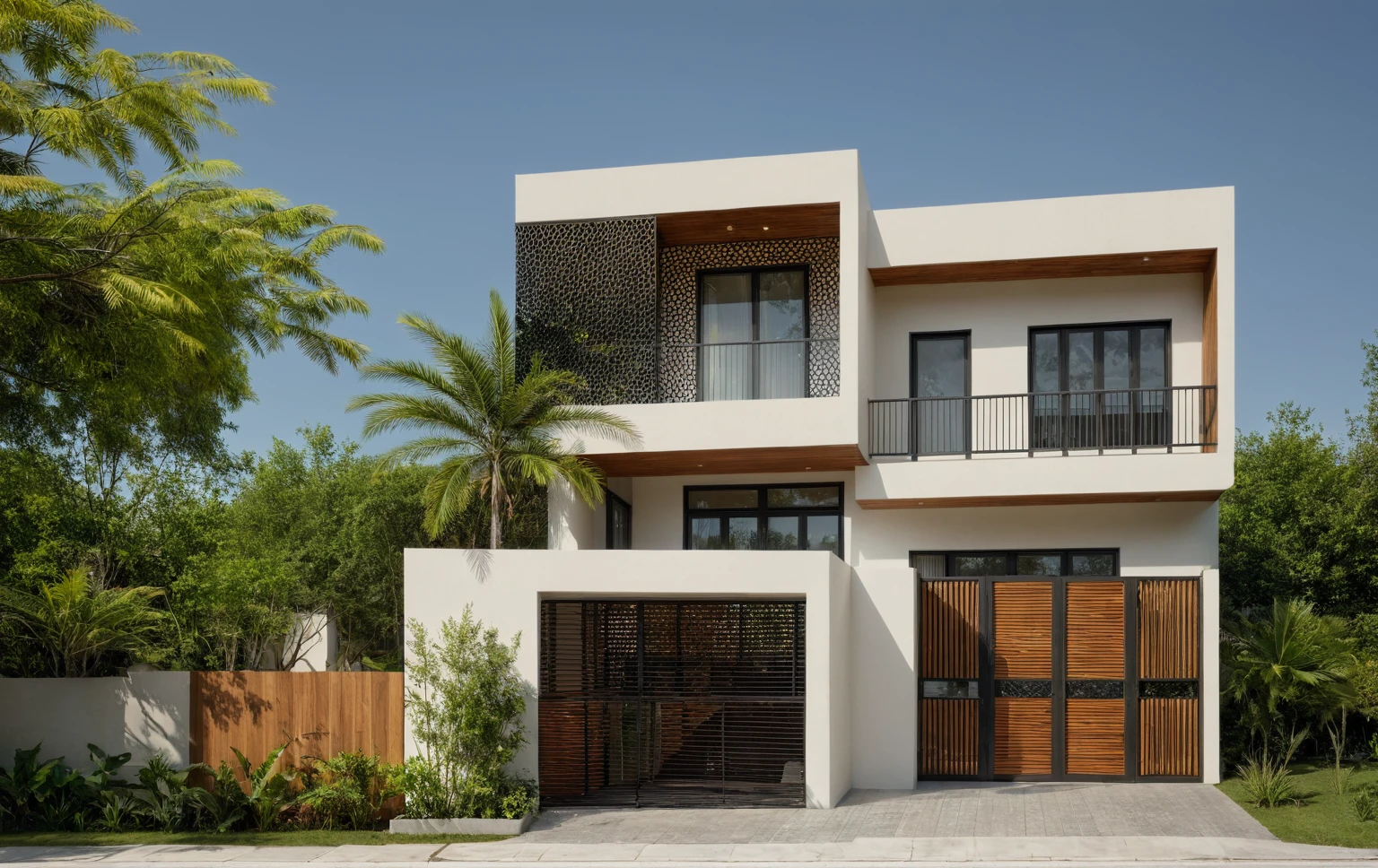 A narrow 3-storey house with a modern design, featuring steel gates and wooden details. The exterior is painted white and the front wall is clad in parametric-style perforated metal material. The house has windows on all sides, and one (wooden ceiling: 1.2). Materials include black steel and wood. The 1st floor has trees growing in the middle column, surrounded by tropical vegetation. The scene was shot from a 24mm perspective, with soft, natural light highlighting the texture and materials, gently shadowing the curves of the front wall and wooden details.