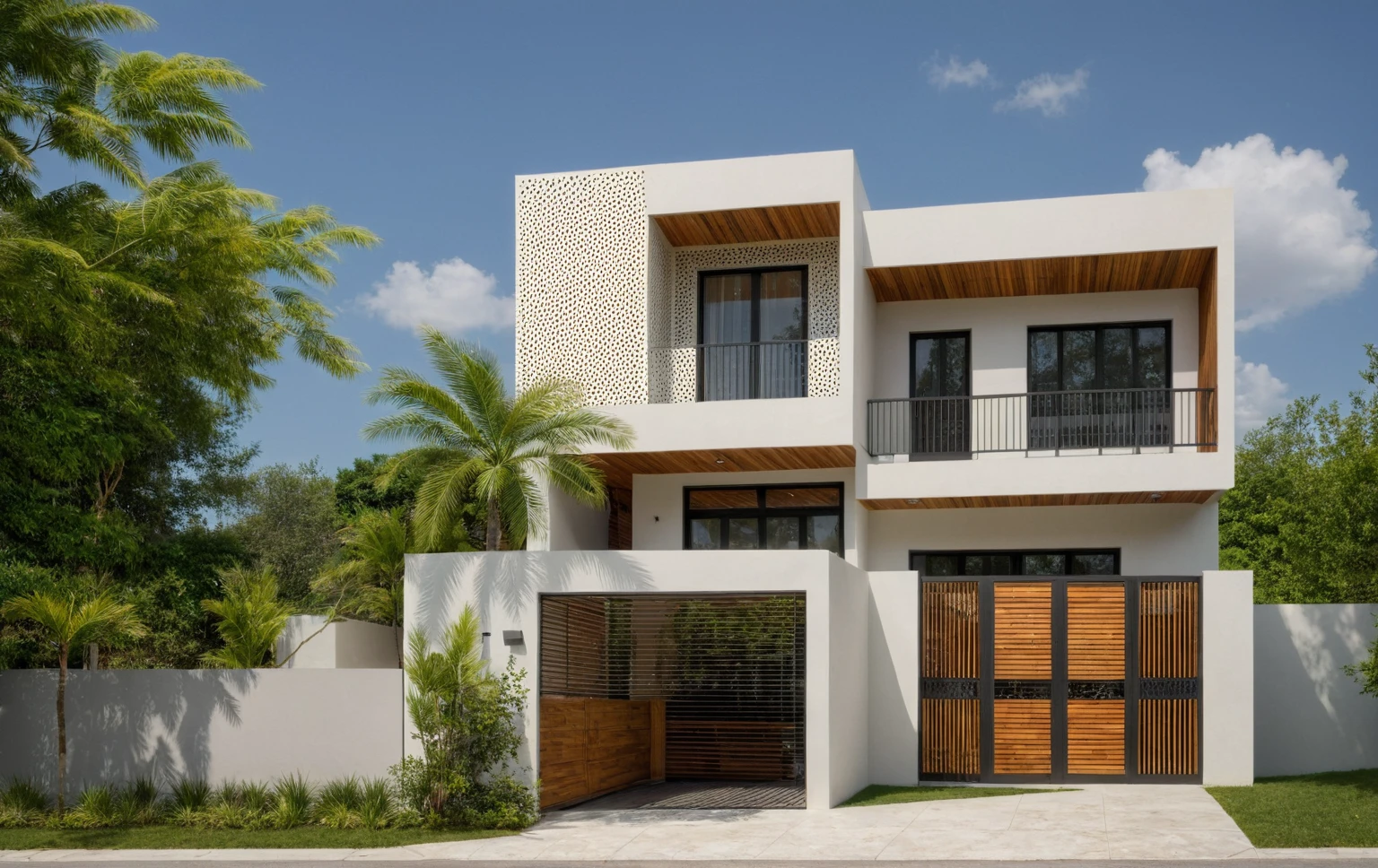 A narrow 3-storey house with a modern design, featuring steel gates and wooden details. The exterior is painted white and the front wall is clad in parametric-style perforated metal material. The house has windows on all sides, and one (wooden ceiling: 1.2). Materials include black steel and wood. The 1st floor has trees growing in the middle column, surrounded by tropical vegetation. The scene was shot from a 24mm perspective, with soft, natural light highlighting the texture and materials, gently shadowing the curves of the front wall and wooden details.