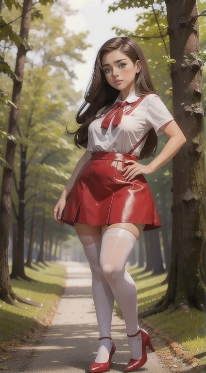 cute teen beautiful schoolgirl, beautiful cute teen face, red leather skater pinafore dress, transparent white blouse, brunet long hair, beautiful eyes. stockings, high heels shoes, schoolgirl teenager stands in the forest, photorealistic, curvy figure, грустное лицо, открытый рот.