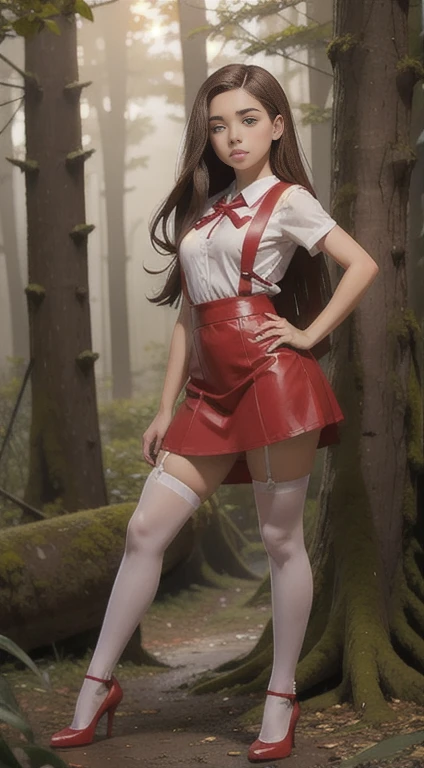 cute teen beautiful girl, beautiful cute teen face, red leather skater pinafore dress, transparent white blouse, brunet long hair, beautiful eyes. stockings, high heels shoes, schooleenager stands in the forest, photorealistic, curvy figure, грустное лицо, открытый рот.