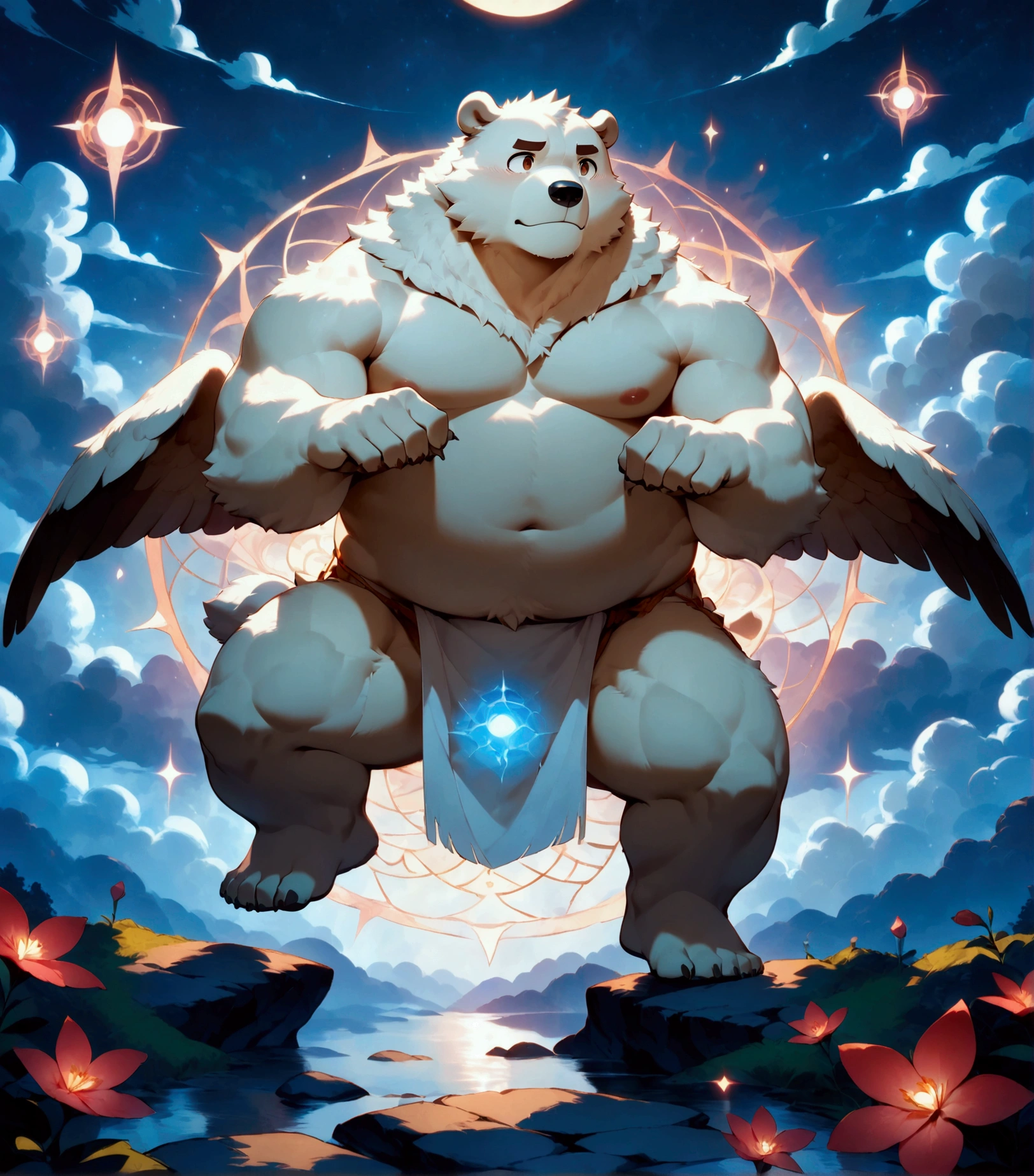 character focus, full body, looking away, dynamic angle, chibi, angel, a plump middle-aged polar bear man, angel wings, happy, light smile, loincloth, rushing wind, hold with both hands quantum electromagnetic life form sacred sphere, spinning fly, dynamic pose, BREAK complete anatomy, perfect proportions, beautiful thigh gap, fluffy body, intricate fur details, beautiful fur texture, BREAK detailed bear tail, detailed toe, 5toes, 5toes nails, beautiful foot, detailed hands, 5fingers, 5fingers nails, BREAK cute face, aesthetic anime face, insanity detailed face, male face, big face, square jawline, aesthetic anime eyes, detailed brown eyes, detailed brown cornea, detailed dark brown irises, detailed pupils, male eyes, big eyes, male eyebrows, innocent look, beautiful beard, BREAK full body in Michelangelo Buonarroti style, digital illustration anime, housamo style, detailed painting landscape, twilight, kaleidoscopic swirls, art background, sky high, outdoor, full body, HDR, BREAK masterpiece, official art, best quality, very aesthetic, absurdres, super fine illustration, great quality, BREAK noise reduction, very highres, large filesize, high quality, 32K, 8k wallpaper, dynamic lighting, BREAK insanity detailed, ultra detailed, intricate details, extremely detailed, detailed texture, an extremely delicate and beautiful, BREAK osukemo, e621 illustration, Fur Affinity illustration, kemohomo, anthropomorphic, furry, cartoon, harmonious body, pastoral face, virtuous eyes, epic atmosphere