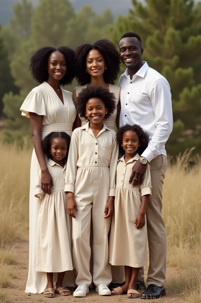 (best quality,highres,masterpiece:1.2), realistic,stunning,family portrait,5 individuals, father:white, mother:black, 3 mixed-race children, 2 boys, 1 girl, adorable, joyful expressions, detailed facial features, beautiful clothing, Louis Vuitton outfit, loving atmosphere, colorful background, happy family dynamic, vibrant colors, professional lighting