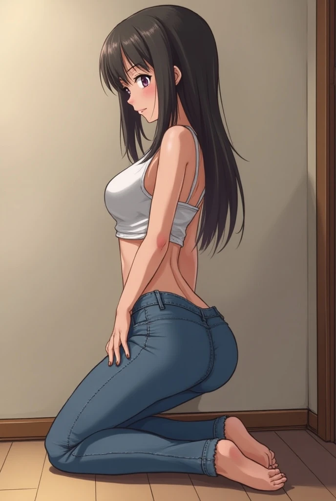 best quality, highres, 8k, masterpiece, immersive atmosphere, chiaroscuro:(1.5, bright light:1.2, luminous lighting), blurring, (background blur:1.5),
(dynamic angle, standing:1.2), bedroom, (legs focus, full body:1.5), delicate features, (beautiful face, beautiful eyes, beautiful legs), not safe for work, (opaque:1.5), high contrast, SDXL, (wetting herself:1.5), (desperation:1.5),
1girl, (25 years old:1.5), white skin, blue eyes, dark brown hair, straight hair, very long hair, forehead, bright lips, blush, scared, panicking, open mouth, looking at viewer, (slender figure:1.1), (topless:1.2), large breats, (hard nipples), (hands between legs:1.4), (dark blue jeans:1.4, skinny pants:1.2), (barefoot:1.2), (knees together feet apart:1.4)