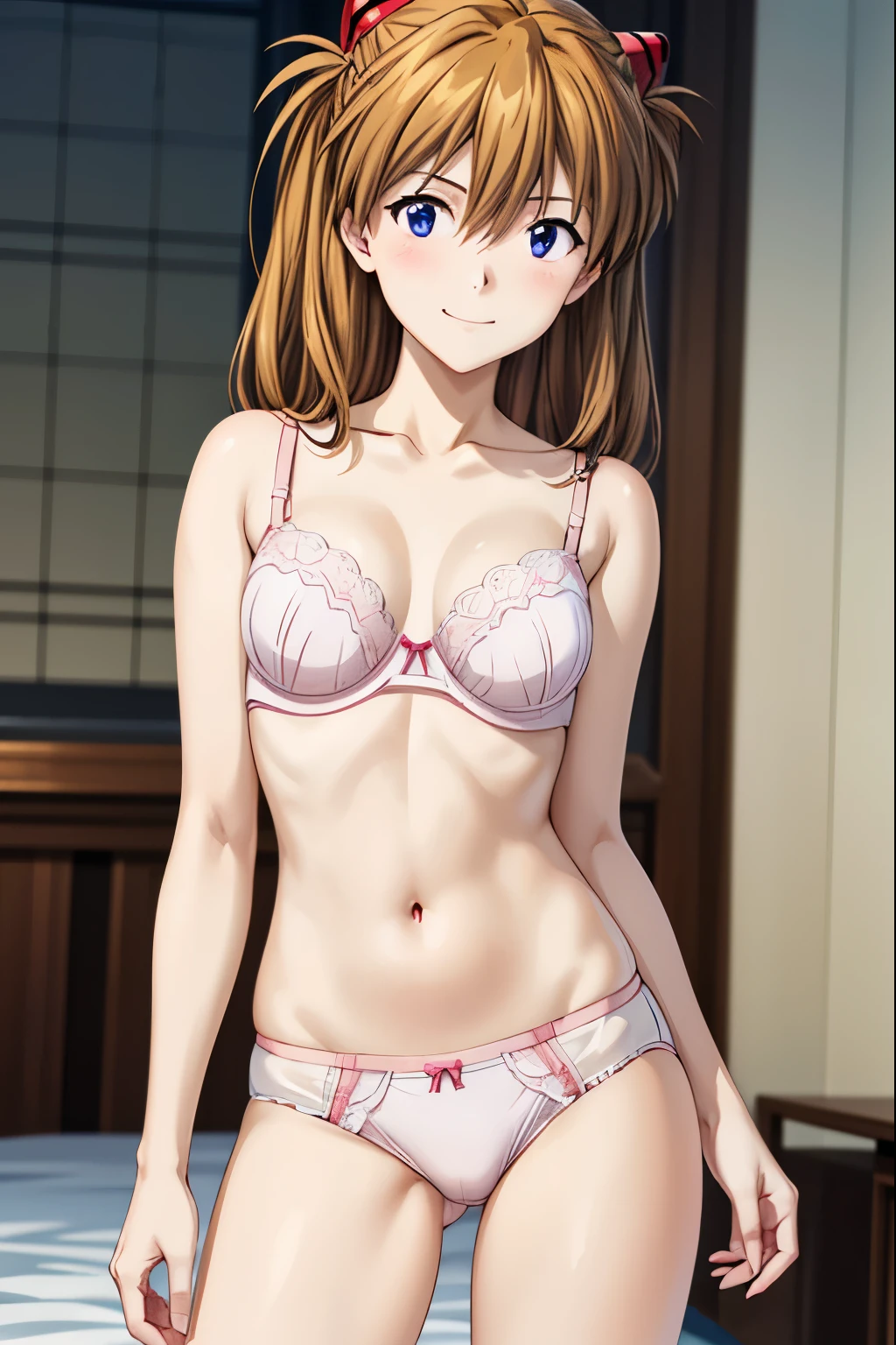  High Resolution 、Highest quality、smile、blush、Embarrassed、 shot from the front、( anime illustration style:1.3),stomach、naked、smile、Closed Mouth, Asuka Langley Soryu 、( Soryu Asuka Langley:1.2), Standing, smile,indoor, bed,  photo taken from the front , indoor, One Girl, solo, Beautiful black hair, Attractive eyes, (White, Pink underwear:1.5), smile, Hands Behind Back, (Perfect hands,  Perfect Anatomy),4K. 8k, (Real, Genuine, 写真Real：1.5 ),  Beautiful Thighs