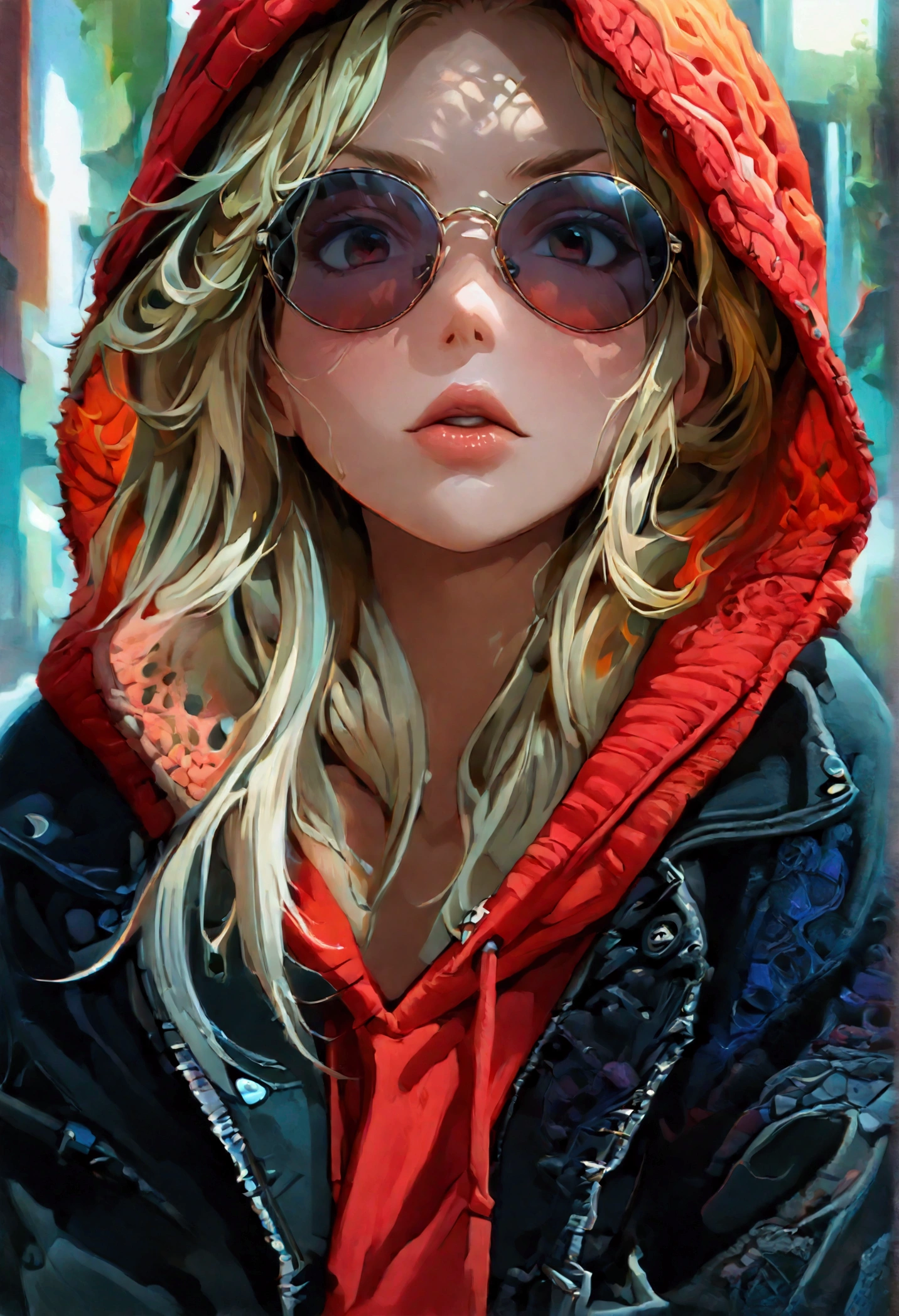 (masterpiece, top quality, best quality, official art, beautiful and aesthetic:1.2), (1girl), extreme detailed, (fractal art:1.3), colorful, highest detailed, perfect face, upper body, HDR, vibrant colors, A blonde girl wearing an oversized dark red hoodie and black cotton sweatpants. Sportswear, Streetwear. She is wearing sunglasses. Cool pose, defiant, confident. Beautiful, ponytail hairstyle, big dips, small waist, (masterpiece:1.2, best quality), (highly detailed:1.3), 1girl. cuerpo completo en escena, full body view, full body view, front shot
