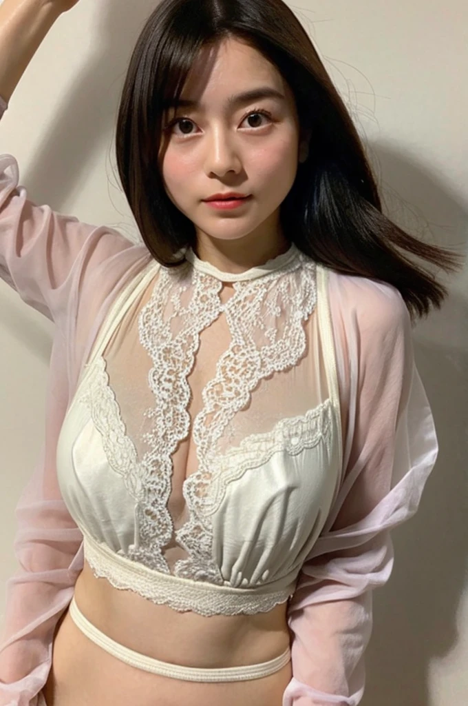 extremely detailed,sharp focus, professional lighting,8k,masterpiece, Highest quality,Ultra-high resolution,Photorealistic,So cute, break,minase inori,huge breasts:1.8,hyper detailed face, very detailed lips, Detailed eyes, Realistic pupils,break,pubric hair,see-through Lingerie,nsfw,spread legs,big areola,arms up,looking at viewer,full body,in the night club