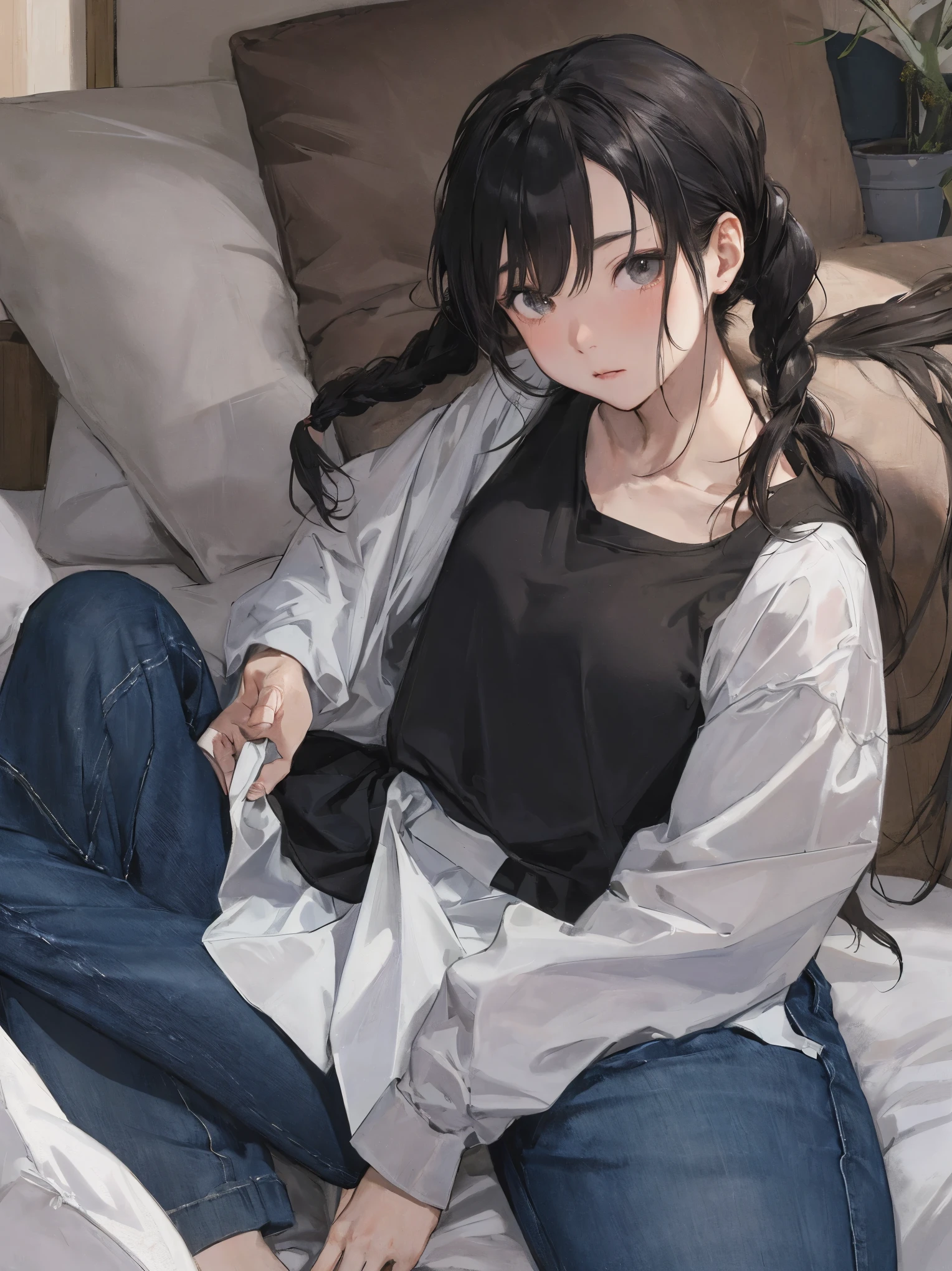 Masterpiece、 super high definition、Best Quality、chizuru mizuhara, long hair, twin braids, twintails, collarbone, black shirt, long sleeves, pants, jeans、Feminine Body、Emotional eyes
