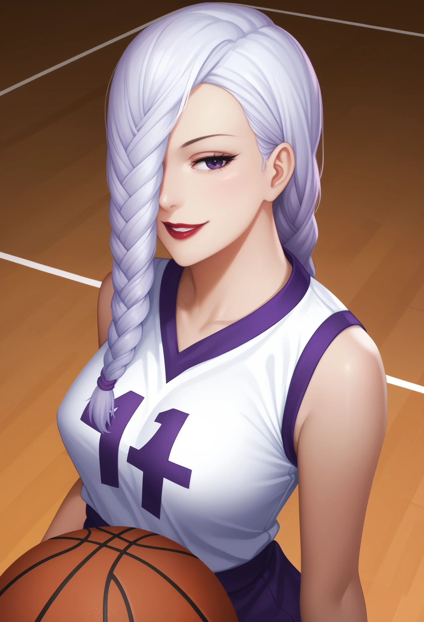 score_9_up, score_8_up, score_7_up, 1girl, solo, mature female, mei mei, looking at viewer, white hair, braid, hair over one eye, half closed eye, braided ponytail, braided bangs, purple eye, red lips, parted lips, naughty smile, (((perfect erected medium )))(((purple basketball uniform))),((basketball court)), seductive pose