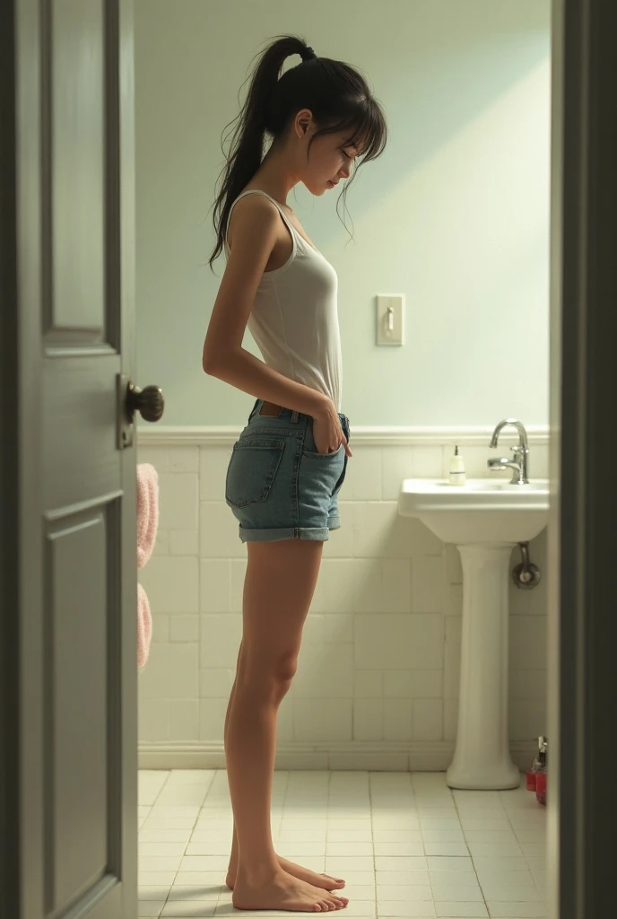 Woman farting in the bathroom while wearing jeans