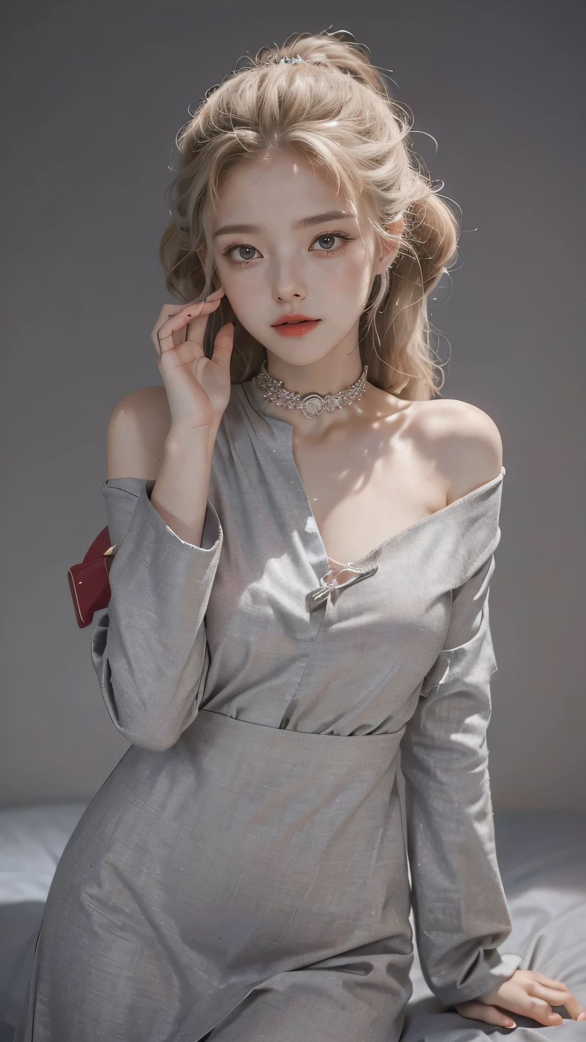 (Masterpiece: 1.2, Best Quality), Realistic, (Realistic Picture, Complex Details, Depth of Field), Best Quality, Masterpiece, Highly Detailed, Semi Realistic, 1 Girl, Mature Female, 2, Blond Hair, Shoulder length Short Hair, Left Eye Covered with Hair, Blue Eyes, King's Clothes, Red Cloak, Slim Figure, Crown Made of Precious Gold, Reading Documents, Marking Documents, Goose Hair Pen, Office Table, Soft Bench, Palace, In the palace, during the Middle Ages