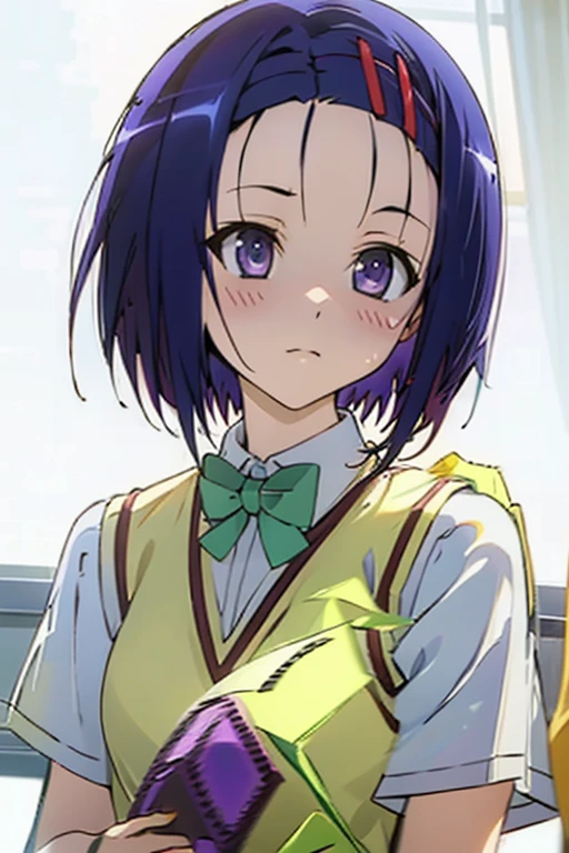 Haruna Sairenji, girl、 one girl 、Hair Accessories, Hair Clip, (Purple eyes:1.1), Purple Hair, short hair, Swept-apart bangs, (forehead:1.2), white shirt, Sweater vest, (Yellow vest:1.1), Short sleeve, Checkered skirt, Green Skirt, Short sleeve,Best Quality,