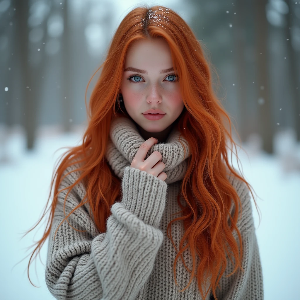 Ultra-realistic, photograph, Long Red Hair, girl, 24-years-old, Hourglass Shape, Perfect body, Sexy expression, Highly detailed art gems, Art Germ Style, Small breasts, To the camera, Lens 35mm, Blur the background, Winters,Snow Scene,Beautiful teenage girl,Lace pantyhose,Random Color,Long sweater,scarf,Depth of written boundary,Real Light,Ray Tracing,OC Renderer,UE5 Renderer,Ultra-realistic,Highest quality,8k,Masterpieces,Ultra-fine,Correct Anatomy