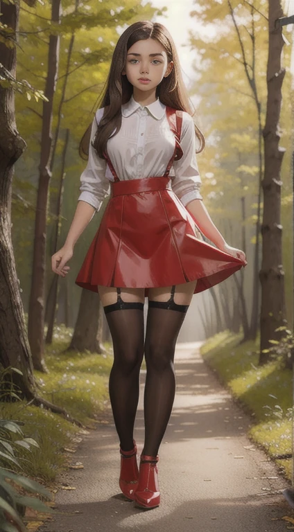 cute teen beautiful schoolgirl, beautiful cute teen face, red leather skater pinafore dress, transparent white blouse, brunet long hair, beautiful eyes. stockings, high heels shoes, schoolgirl teenager stands in the forest, photorealistic, curvy figure, грустное лицо, открытый рот.