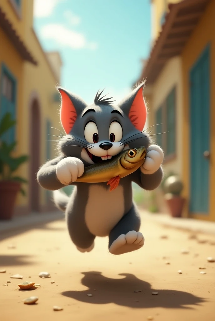 there is a cat that is holding a fish in its mouth, happy cat, running cat, awesome cat, !!! cat!!!, real-life tom and jerry, funny cat, running towards the camera, very excited, he is very happy, !!!! cat!!!!, fish in the background, running towards camera, the cat is smiling, with a happy expression