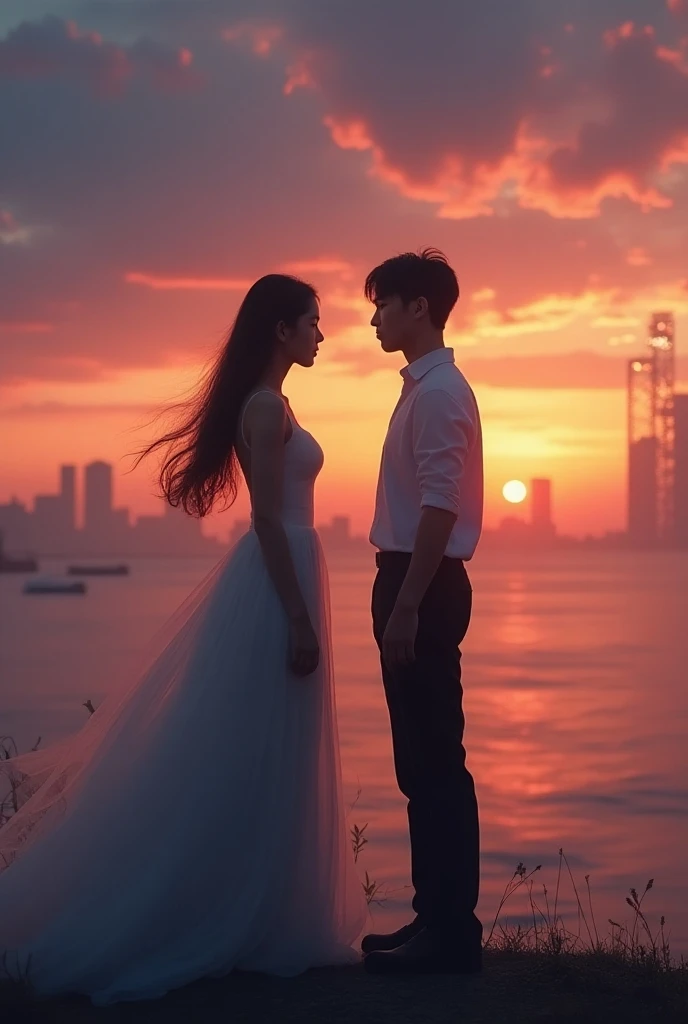 Night sky,Two couples in love stand facing each other,At their feet is a long bridge made up of magpies,Under the long bridge is a splendid river of stars,HD illustrations,Faraway view,𝓡𝓸𝓶𝓪𝓷𝓽𝓲𝓬,Ancient wind,Delicate characters