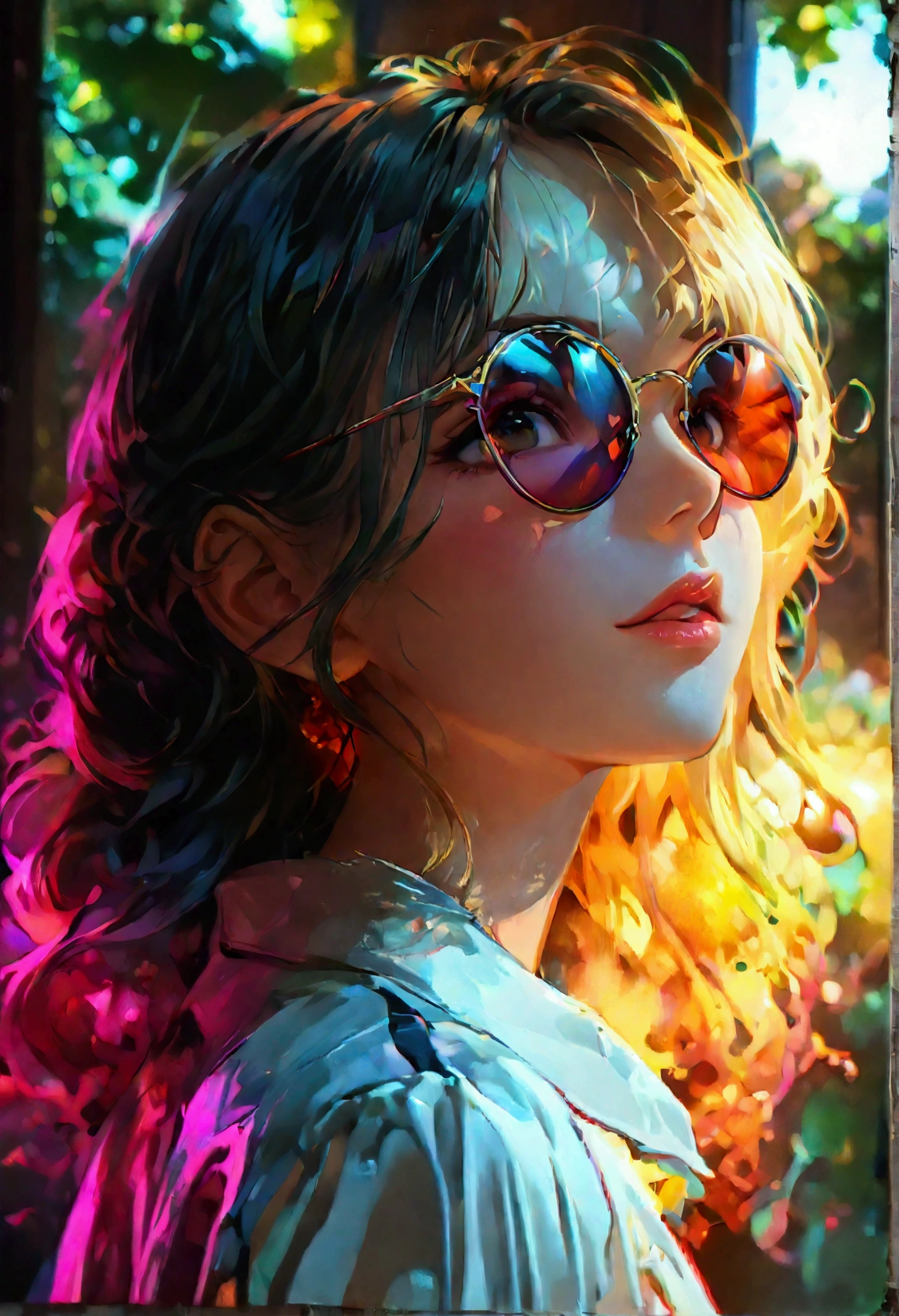 (masterpiece, top quality, best quality, official art, beautiful and aesthetic:1.2), (1girl), extreme detailed, (fractal art:1.3), colorful, highest detailed, perfect face, upper body, HDR, vibrant colors, Alta calidad de imagen、obra maestra、realista、anatomía perfecta, chica anime, uniforme escolar, bosque, bajar, cabello rubio corto, Bragas, nalgas.  (masterpiece:1.2, best quality), (highly detailed:1.3) She is wearing sunglasses. Cool pose, defiant, confident. Beautiful,

