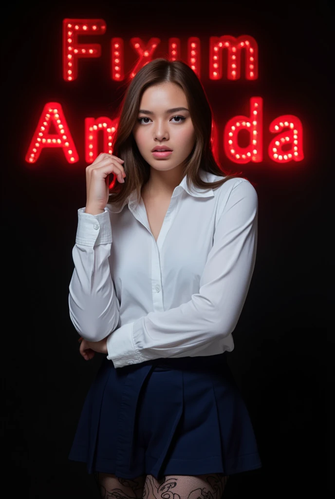 A young woman with fair skin and ultra-detailed eyes, her brown shiny hair cascading down her back. She wears a crisp white long-sleeved shirt and navy blue skirt, paired with thick-lipped confidence. The dark background accentuates her features as she strikes a pose, showcasing the intricate black lace leg wear and thigh-highs. Amidst this dramatic setting, bold red glow text declares Amanda in all capital letters