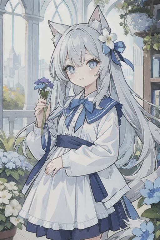 Gray hair、Very long hair · side tail on the right side · eyes of a different color 、Left eye is light blue、Right eye is gray, small breasts, white blouse, pale light blue cardigan, gray skirt, large gray ribbon attached to collar · single girl · quiet · smiling · light blue flower field · holding light blue flowers · top quality