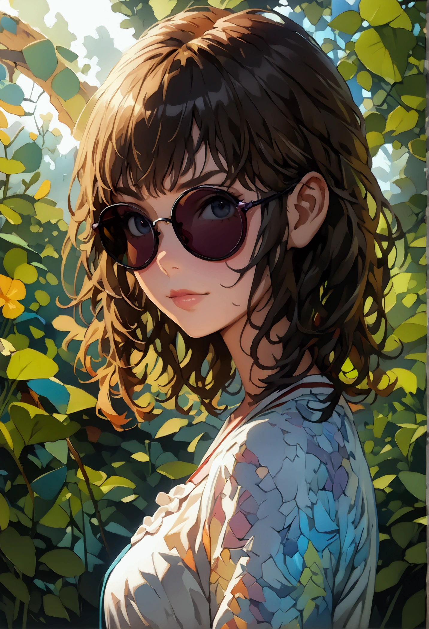 (masterpiece, top quality, best quality, official art, beautiful and aesthetic:1.2), (1girl), extreme detailed, (fractal art:1.3), colorful, highest detailed, perfect face, upper body, HDR, vibrant colors, Alta calidad de imagen、obra maestra、realista、anatomía perfecta, chica anime, uniforme escolar, bosque, bajar, cabello rubio corto, Bragas, nalgas. (masterpiece:1.2, best quality), (highly detailed:1.3) She is wearing sunglasses. Cool pose, defiant, confident. Beautiful,
