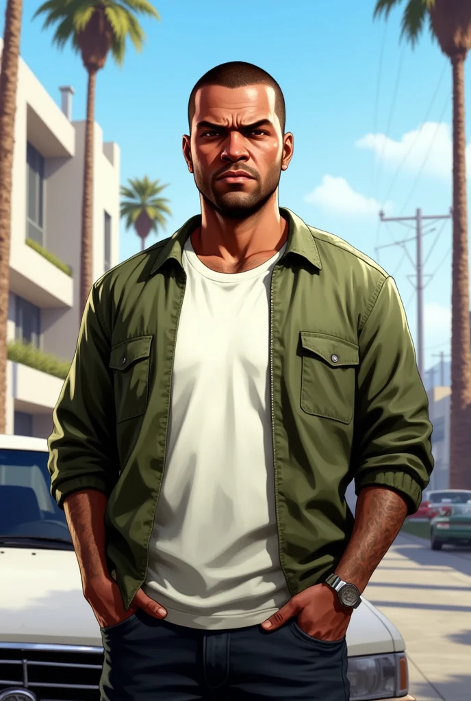 Franklin Clinton from GTA V, dark skin, wearing a casual outfit consisting of a white t-shirt, a green jacket, and dark jeans. He has a serious yet confident expression, with short-cropped black hair and a neatly groomed beard. He's standing in front of a modern, urban Los Angeles-style neighborhood with sleek houses, palm trees, and expensive cars in the background, reflecting a sunny day. The scene captures a mix of ambition and street-smart determination