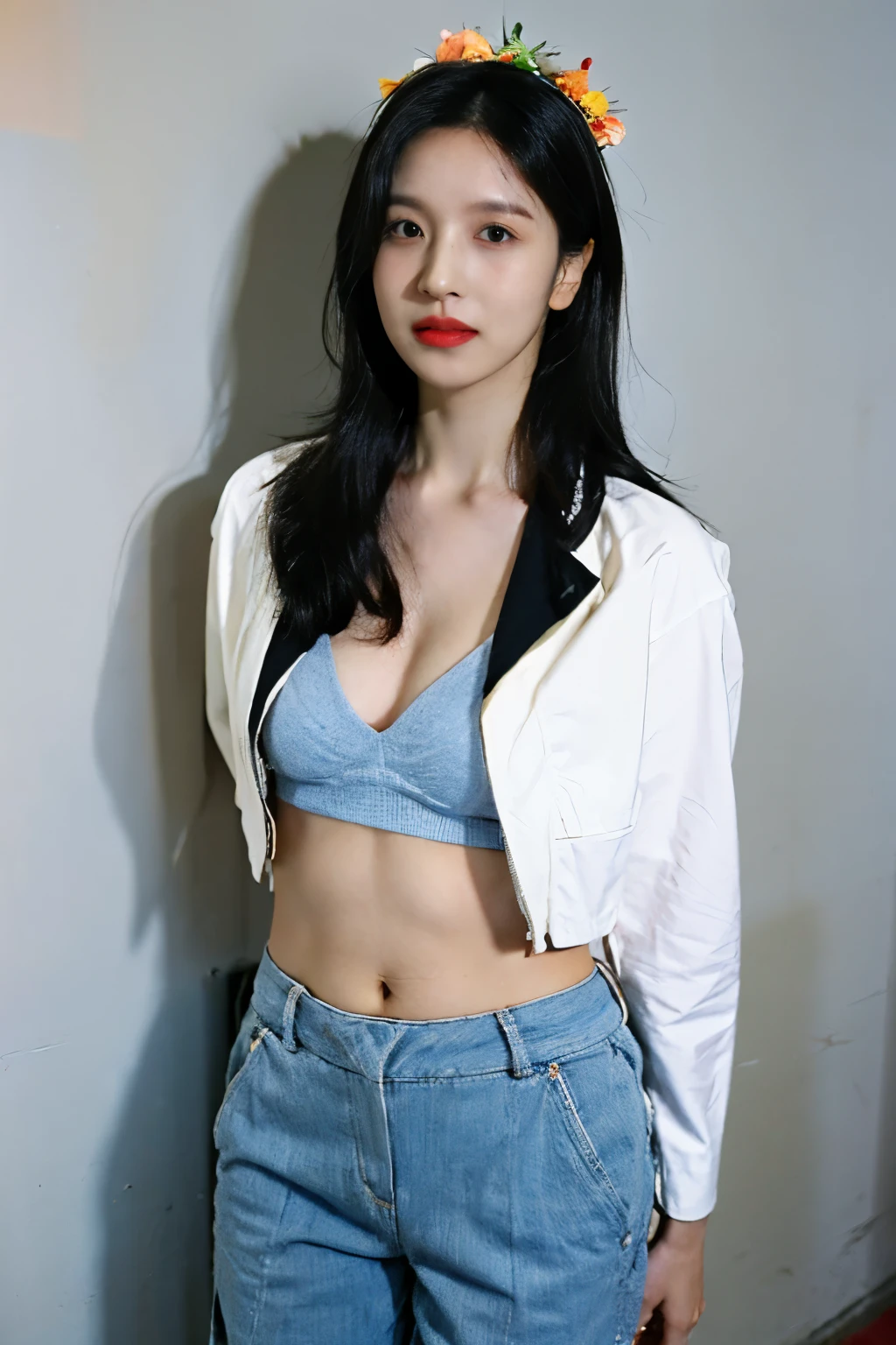 Masterpiece, Best quality, 1girll,Raised sexy，Sexy full body photos，Charming， Red background, Black hair, Long curly hair, Face front, dynamicposes，bikini moda, Purple plush fur hat)), Emotional face, There are irregular holes in the pants，Bare sexy skin