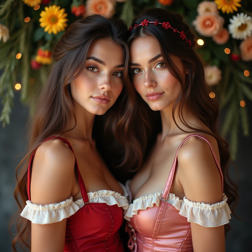 (Masterpiece, 8k, 16k, uhd, best quality, fantasy photograpy, epic imagination) ((Very detailed)), 2girls Swedish girls (cuddling, front to back:1.2) in a "empty gothic Cathedral", dressed in fine lingerie with lots of lace and shiny fabrics, beautiful, tender, the girls are kissing passionately, with her hands on her breasts, french kissing, film scene, cinematic lighting, rose dressees, red dresses, very long wavy blonde hair, woman blonde, big tits, no nude, no pornographic, erotic scene, all girls wear bras, smiling with lips parted and showing the tips of the incisor teeth.