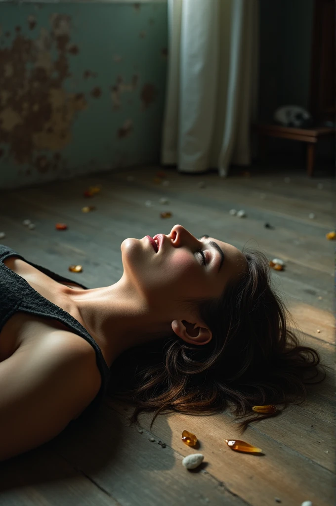 1 beautiful woman, beautiful body, beautiful hair, posing, dressed as a sexy waitress, mouth open, asleep lying on the floor, eyes closed, sexy pose, unconscious, look like model Lucy Pinder