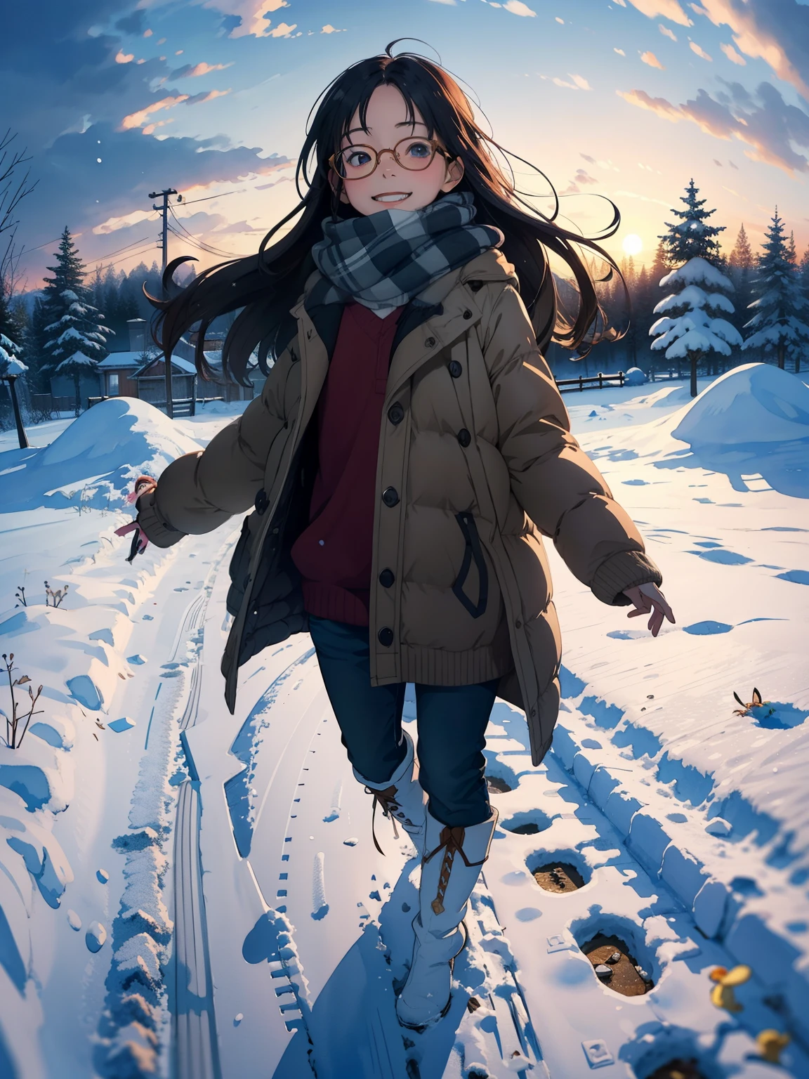 Masterpiece，Best Quality， High image quality ，(Superflat,  flat shading )，Fisheye Lens，Beautiful petite trained young mother and very cute trained daughter:1.25， warm scarf， (naked)，Long Hair, Glasses，boots, smile, smile, White Breath，fun, play, winter, snow, 新snow，dusk，Beautiful sunset，Wide angle, Vibrant colors, watercolor, Ghibli style，Strong winds，Girl&#39;s Temptation，