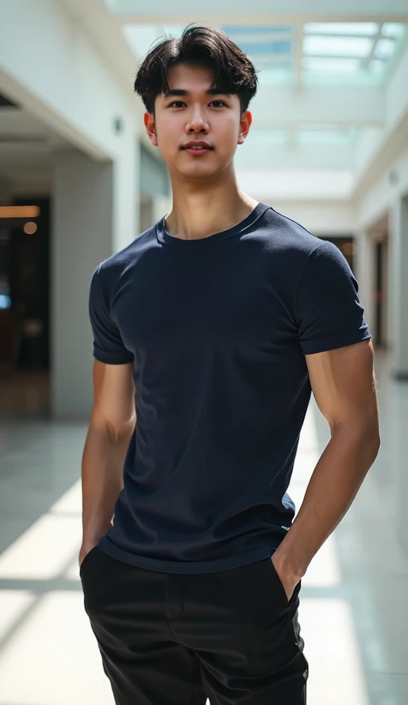 (As a matter of fact, Masterpiece, 8k HD, good light quality, sportswear, fit the face, complicated details), A handsome and muscular young Korean man., Have muscles, (Buzzcut short hair:1.5)  ,(Broad shoulders:1.3), 20 years old, be happy, smile brightly, detailed face, delicate eyes, มองดูsky, (Wear a navy tight T-shirt.:1.6), period, black eyes, Black hair color, ผมsmooth, smooth, outdoor sports, Along the garden, Sunny,sky，Surreal，Awesome details，Highest quality，real，(As a matter of fact, Masterpiece, 8k HD, good light quality, sportswear, fit the face, complicated details), A handsome and muscular young Korean man. Have muscles ,(Broad shoulders:1.3), 20 years old, be happy, smile brightly, detailed face, delicate eyes, มองดูsky, (Wear a navy tight T-shirt.:1.6), period, black eyes, Black hair color, ผมsmooth, smooth, outdoor sports, Along the garden, Sunny,sky，Surreal，Awesome details，Highest quality，real