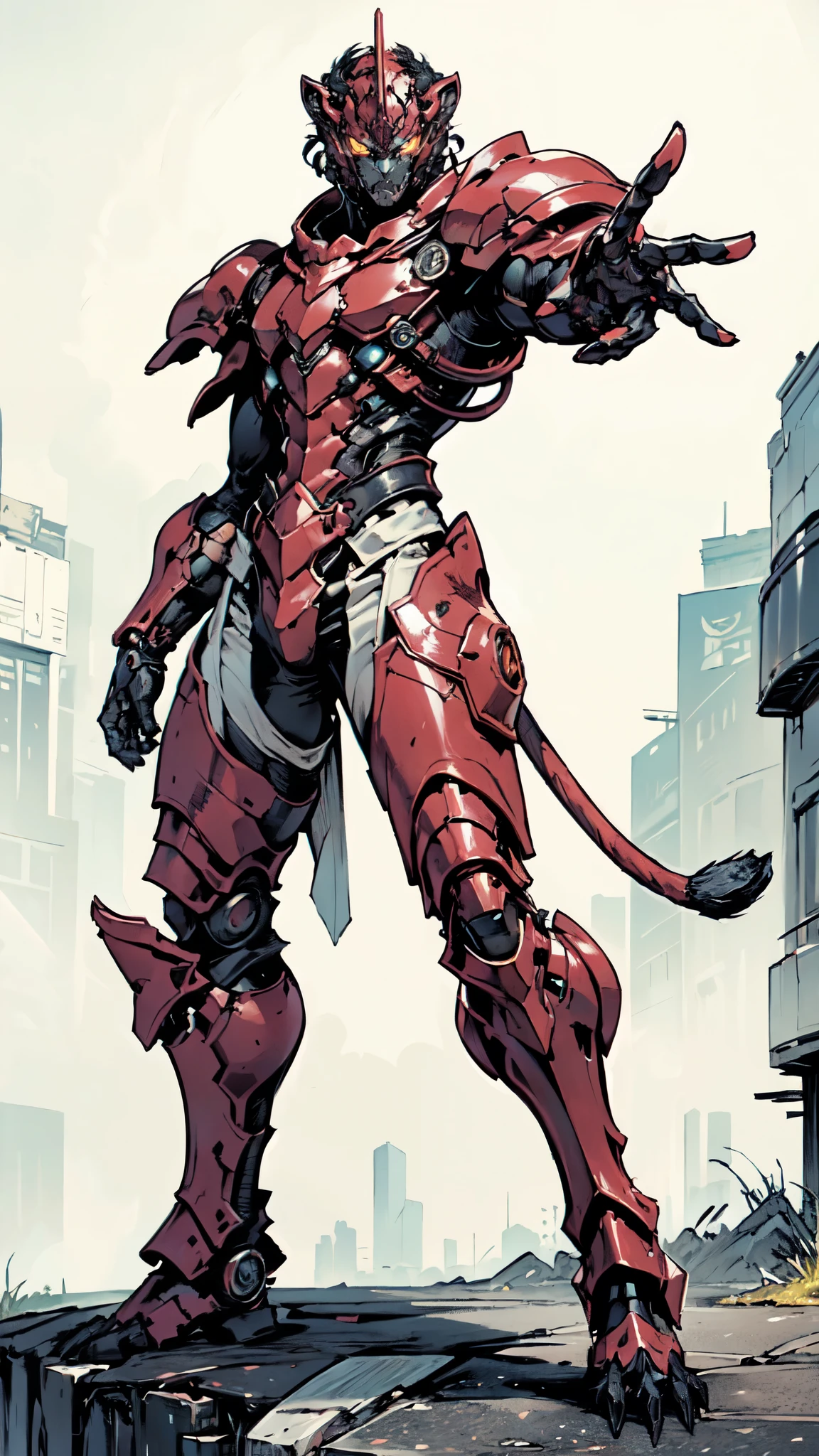 (masterpiece:1.5, best quality:1.5, extremely delicate:1.5, foreshortening:1.5, dynamic angle:1.5), ((male:1.5)), Biomimetic humanoid Mecha, green eyes, fully enclosed shoulder guards, matching arm and leg guards, gemstone, full body, full armor, the design balances heavy with agility, organic biotech armor, (the color scheme is primarily White with Blue and Red accents, concept Inspired by Lion, glowing eyes, the armor glows), standing, floating high above the futuristic sci-fi city, exquisite and mature art style, metallic, dramatic, high definition, highres, ultra-detailed, ultra-fine painting, professional, anatomically correct, symmetrical face, extremely detailed eyes and face, high quality eyes, creativity, RAW photo, UHD, 32k, Natural light, cinematic lighting, (masterpiece-anatomy-perfect:1.2)