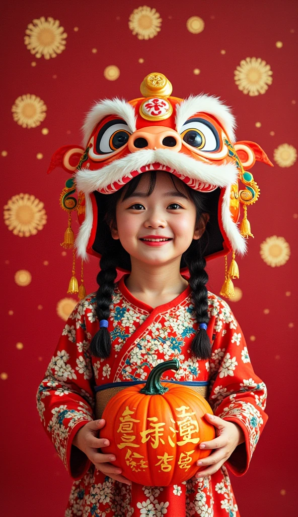 Large Peking Opera facial mask pattern background,simple atmosphere,funny pumpkin lantern carved lion headdress dress up,Chinese beautiful girl,cute and cute,girl Peking Opera facial makeup style,naughty and funny posture,small gourd waist hanging around the waist,small gourd waist showing auspicious clouds and thunder lines outline the "福" word carving,luminous particles,flowing light and shadow,movie feature,texture panorama,masterpiece,depth of field,ultra high definition,extreme detail,visual blockbuster,global illumination,