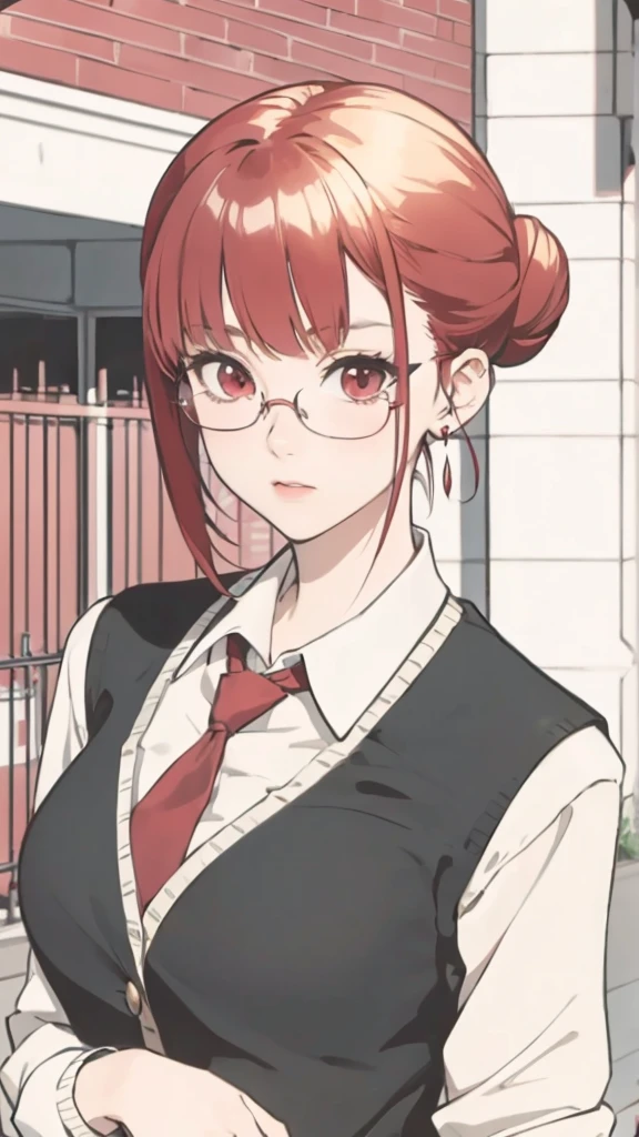 Solo, Sumire Yoshizawa (persona 5, 1female, white skin, Japanese, red eyes, long red hair with bangs and ponytail, small breasts, glasses), anime, ecchi, sitting at a desk, at school, (masterpiece, best quality, 8k, sharp focus, depth of field, best shadows, perfect lights, HDR, realistic skin texture, hyper detailed background), high school uniform, shoulders showing,  Panties