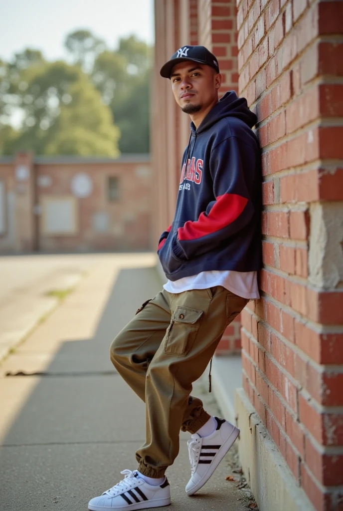 A man named RNDY with an urban style leaning against a worn brick wall on a hot summer morning. He is dressed in an oversized hoodie, cargo pants, Adidas Samba sneakers and a cap. The setting is an abandoned industrial area where youth gather. The lighting is intense from the summer sun emphasizing the colors of his outfit. The camera uses a medium shot with a 35mm lens, focusing on the man's rebellious and carefree attitude and the urban style. Film photo image, with bokeh effects in the background to softly blur the surroundings, highlighting the man.