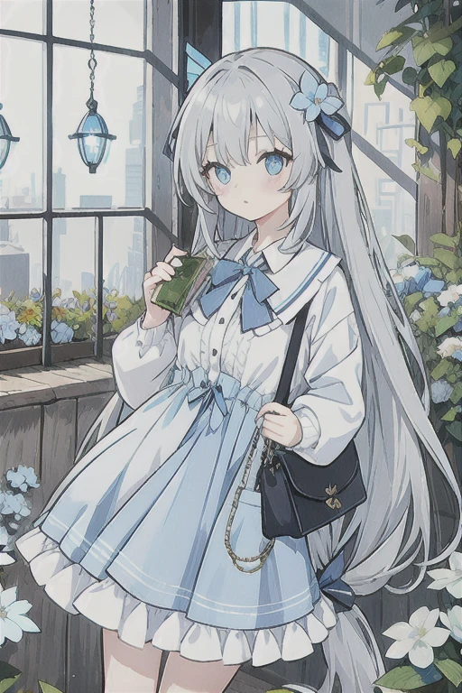 Gray hair、Very long hair · side tail on the right side · eyes of a different color 、Left eye is light blue、Right eye is gray · flower-shaped pupil · loose blouse · light blue cardigan · light blue skirt · gray ribbon attached to collar · girl · quiet · light blue flower field · holding light blue flowers · top quality