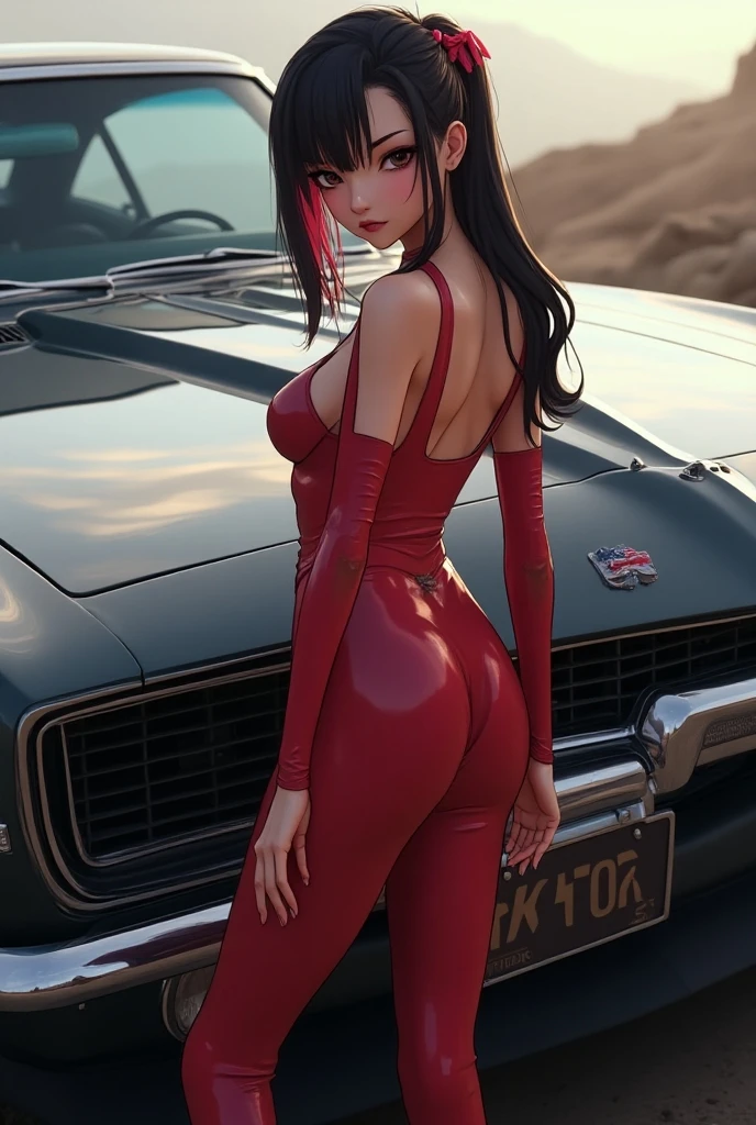 Create an image of a sexy woman in a tight red latex suit posing on the hood of a red BMW. The setting should be stylish and modern, with the car parked in an upscale, urban environment, perhaps at night with city lights in the background. The woman should exude confidence and allure, with her pose accentuating the sleek lines of both her latex suit and the car. The overall image should be bold and captivating, highlighting the contrast between the sensuality of the woman and the elegance of the car